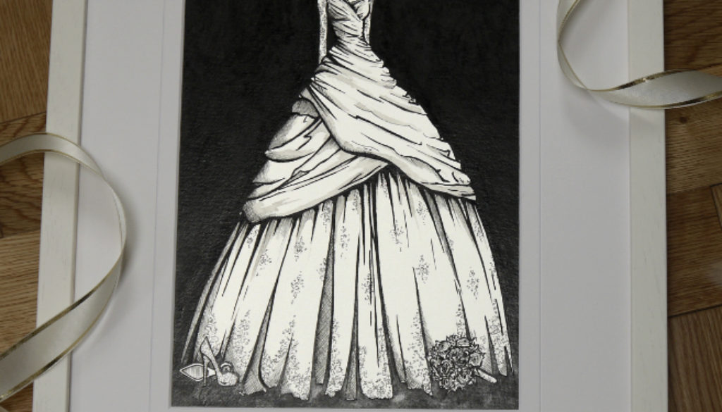 Lace and raw sink ballgown wedding dress illustrated by Wedding Dress Ink