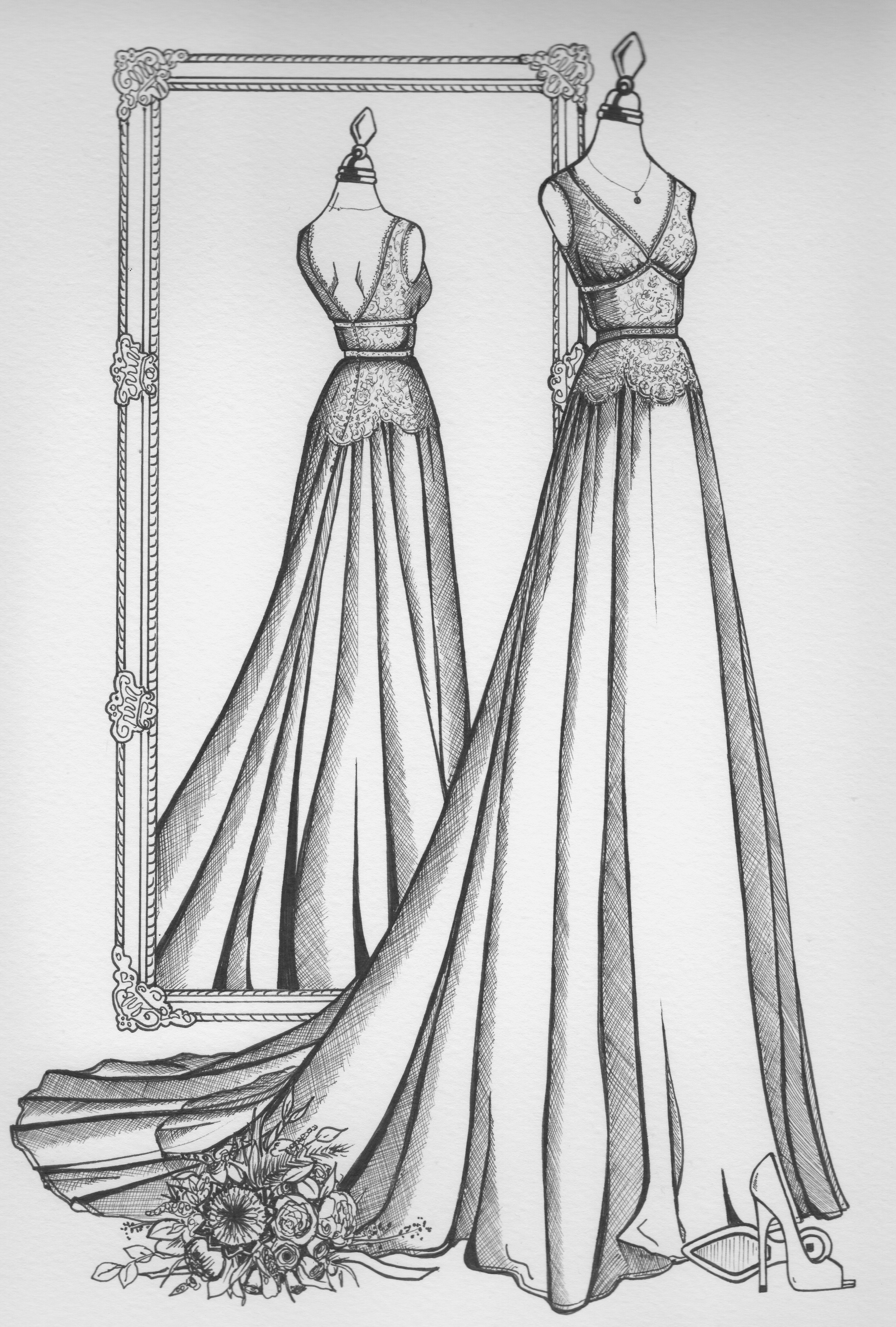 Mirror View Sketch - Wedding Dress Ink