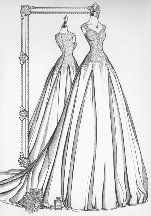 Custom fashion illustration of a bride's wedding dress, front and back